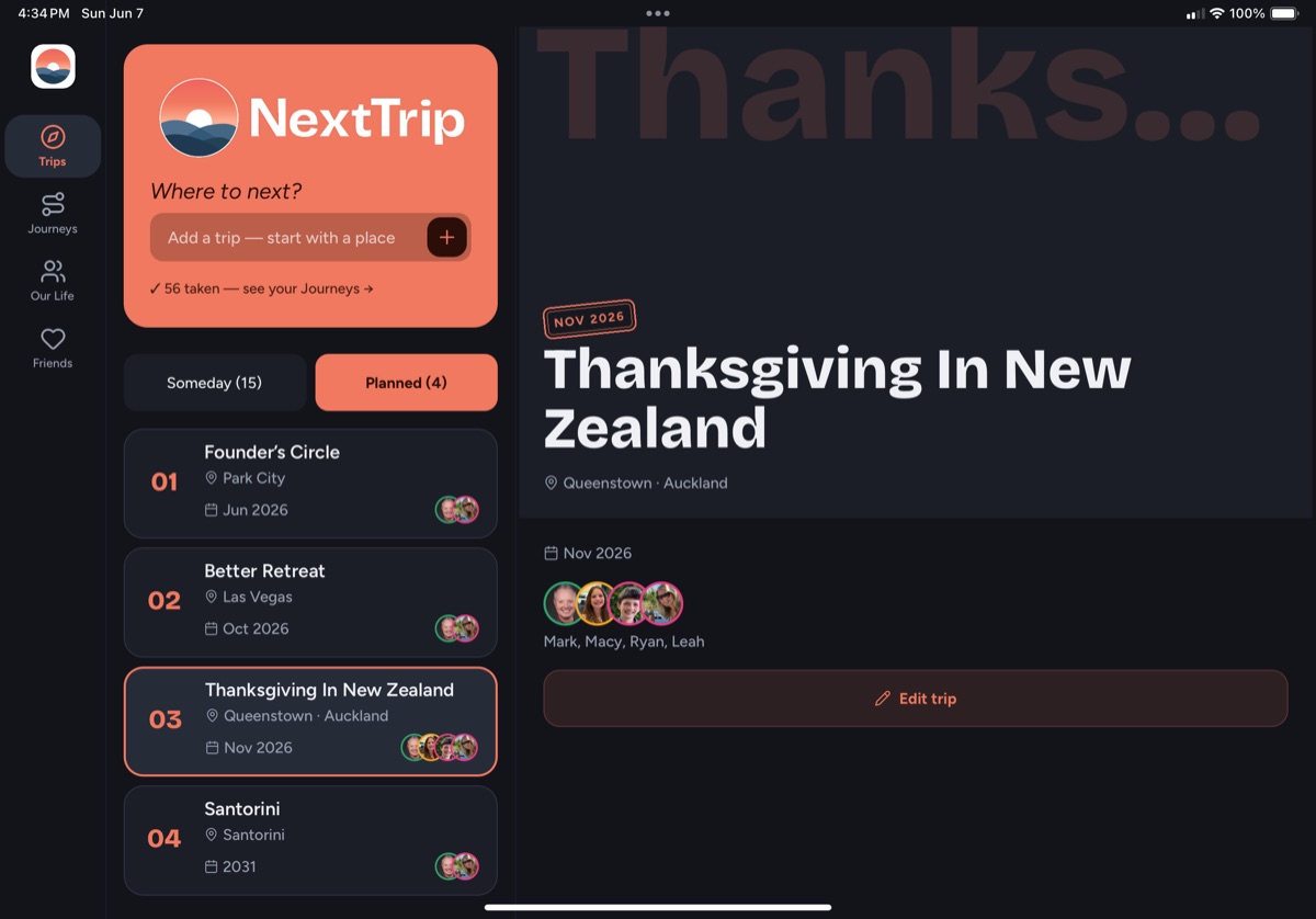 NextTrip on iPad: the trip list beside an open trip's details